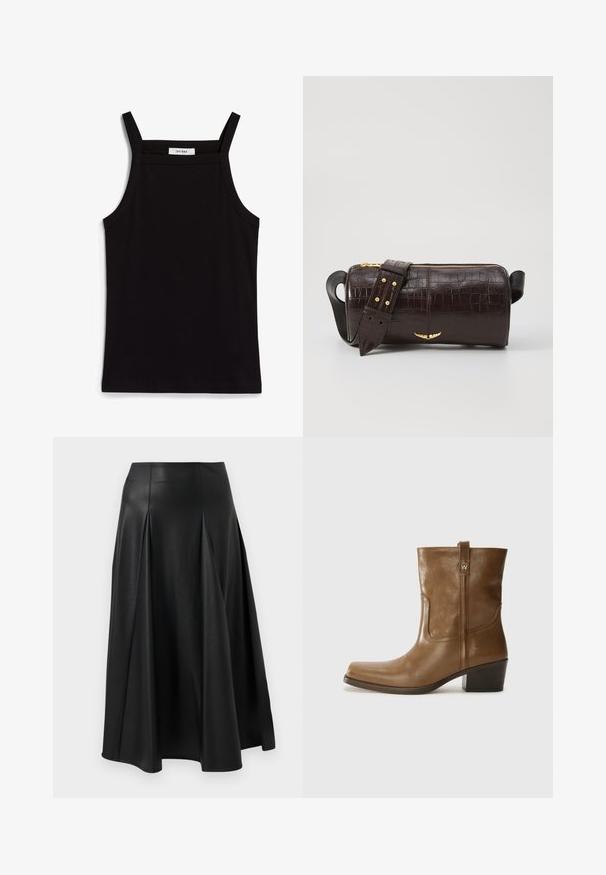Črna majica brez rokavov z tankimi naramnicami, izdelana iz rebrastega materiala, z ravnim krojem in oznako na ovratniku z napisom "IVY OAK."; Črna usnjena krilka z nabrano obleko, gladko teksturo, srednjo dolžino in prilegajočim pasom. Minimalističen slog brez vidne kovinske opreme.; Rjave usnjene gležnjarje s kvadratnim nosom, teksturirano površino in nizko kvadratno peto. Imajo zadnji trak za enostavno obuvanje in subtilne šivane detajle.; Brah blaženka iz rjavega usnja z embosiranim krokodilom, cilindrične oblike, zlatih kovinskih elementov in odstranljivim pasom, ki vsebuje žebljičke.
