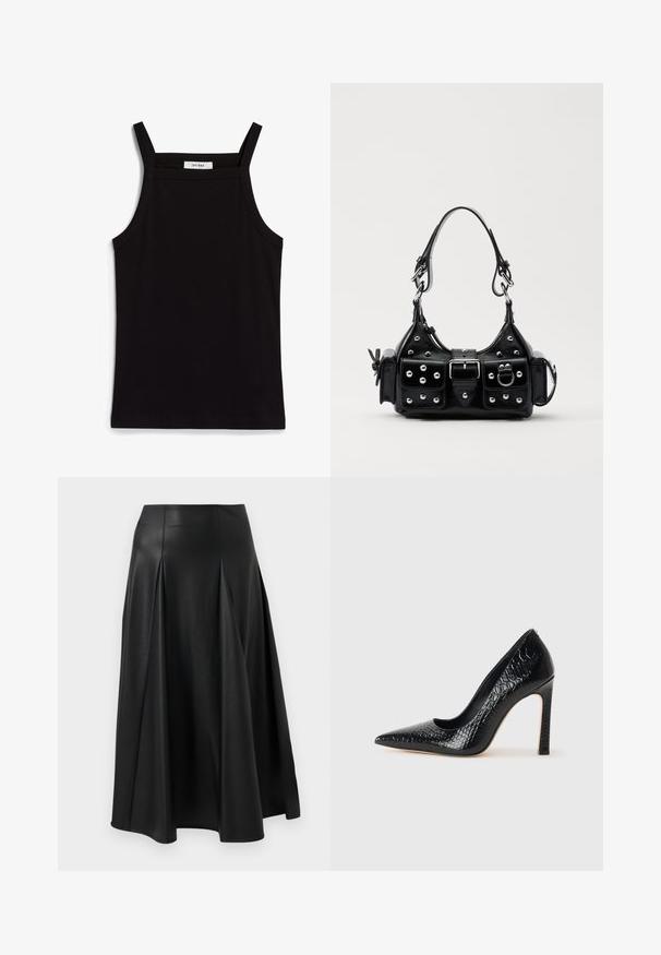Fekete ujjatlan felső, vékony spagetti pántokkal, bordás anyagból készült, egyenes vonalú fazonnal, a nyakrészen "IVY OAK" felirattal.; Fekete bőrszoknya pliszékkel, sima textúrával, közepes hosszúságú kivitelben és férfias derékkal. Minimalista stílus, látható fémalkatrészek nélkül.; Fekete hegyes orrú magassarkú cipő krokodilbőr textúrával, letisztult dizájnnal, magas tűsarkú és sima fekete belső résszel.; Fekete bőr kézitáska ívelt designnal, ezüst szegecsekkel, csattal és két oldalsó zsebbel. Állítható vállpánt a hordozási lehetőségekhez.