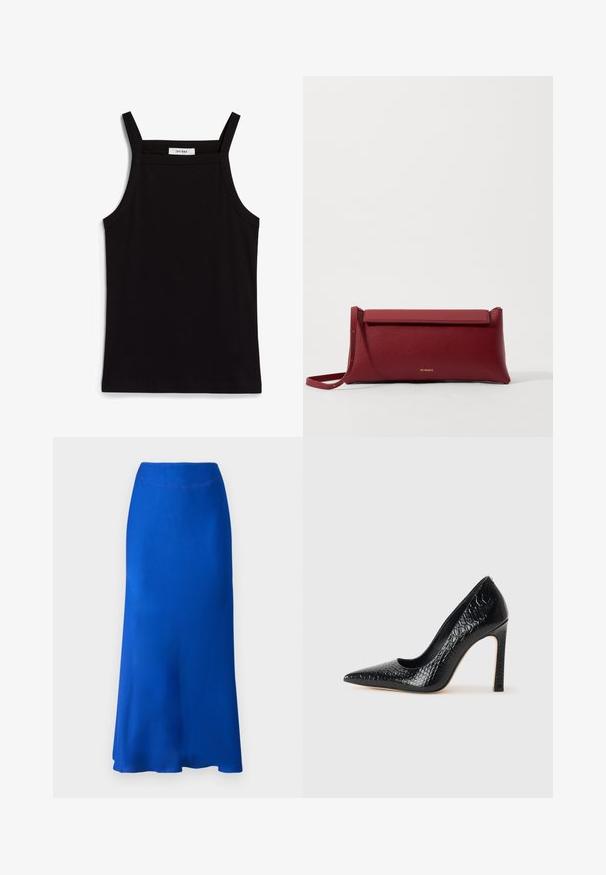 Černý top bez rukávů s tenkými ramínky, vyrobený z žebrované tkaniny, se rovný střih a štítek na výstřihu s nápisem "IVY OAK."; Modrá saténová sukně s rozšířeným designem, která má hladkou texturu a pohodlný pas. Spodní okraj sahá těsně pod kolena.; Černý lodičkový bot s špičatou špičkou, pokrytý texturou krokodýlí kůže, s elegantním designem, vysokým stiletto podpatkem a hladkým černým interiérem.; Červená kožená kabelka na ruku s texturovaným povrchem, s plochým sklápěcím vrchem a krátkým popruhem. Jemné logo značky vepředu.