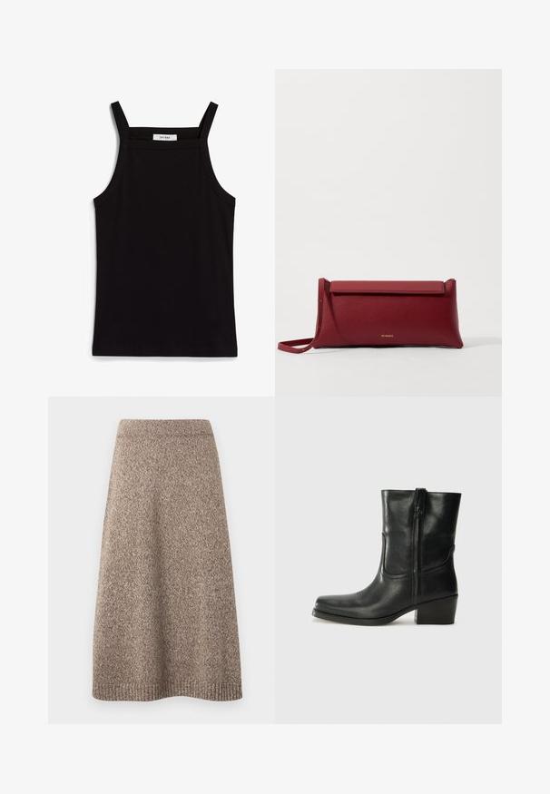 Débardeur noir à fines bretelles, en tissu côtelé, avec une coupe droite et une étiquette au niveau du col indiquant "IVY OAK."; Jupe tricotée dans une teinte brune chaude avec un motif texturé, taille ajustée et silhouette évasée, featuring des accents côtelés à l'ourlet.; Bottine en cuir noir avec un bout rond, un talon carré, une fermeture éclair sur le côté et des coutures décoratives sur l'empeigne. Texture lisse, design classique.; Pochette en cuir rouge à la finition texturée, avec un rabat plat et une courte sangle. Logo de marque discret sur le devant.