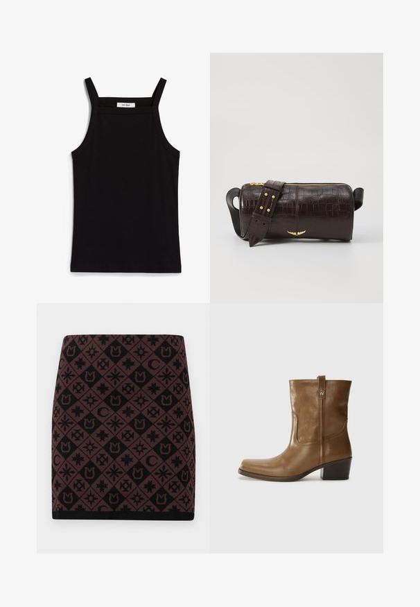 Črna majica brez rokavov z tankimi naramnicami, izdelana iz rebrastega materiala, z ravnim krojem in oznako na ovratniku z napisom "IVY OAK."; Pletene krilo z geometrijskim črnim in rjavim vzorcem z različnimi simboli, oprijetega kroja in črnimi pasom na robu.; Rjave usnjene gležnjarje s kvadratnim nosom, teksturirano površino in nizko kvadratno peto. Imajo zadnji trak za enostavno obuvanje in subtilne šivane detajle.; Brah blaženka iz rjavega usnja z embosiranim krokodilom, cilindrične oblike, zlatih kovinskih elementov in odstranljivim pasom, ki vsebuje žebljičke.