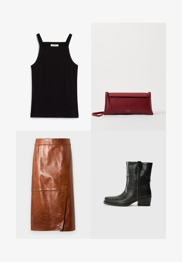 Černý top bez rukávů s tenkými ramínky, vyrobený z žebrované tkaniny, se rovný střih a štítek na výstřihu s nápisem "IVY OAK."; Hnědá kožená sukňa po kolena s mírným předním rozparkem a upnutým pasem, vystavená na hladkém světlém pozadí.; Černá kožená kotníková bota s kulatou špičkou, blokovým podpatkem, bočním zipem a prošíváním na svršku. Hladký povrch, klasický design.; Červená kožená kabelka na ruku s texturovaným povrchem, s plochým sklápěcím vrchem a krátkým popruhem. Jemné logo značky vepředu.