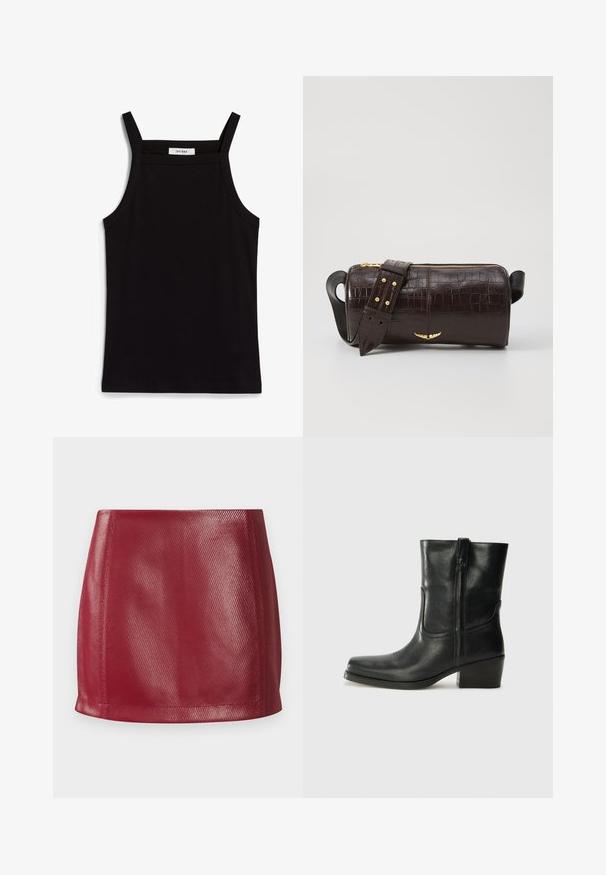 Juodas topas su plonais spaghetti petnešomis, pagamintas iš rausvos medžiagos, turintis tiesų kirpimą ir etiketę prie iškirpės, ant kurios parašyta "IVY OAK."; Raudona dirbtinės odos mini sijonas su lygia tekstūra, prigludusia siluetu ir tiesia apykakle, silpnai blizgiu paviršiumi bei diagonaliu raštu.; Juodi odiniai aulinukai iki kulkšnies su apvali nosimi, blokuotais kulnais, šonine užtrauktuku ir siuvimo akcentais ant viršutinės dalies. Lygi tekstūra, klasikinis dizainas.; Ruda krokodilo odspaudo odinė rankinė cilindro formos, su auksinėmis detalėmis ir nuimamu dirželiu, papuoštu studelėmis.