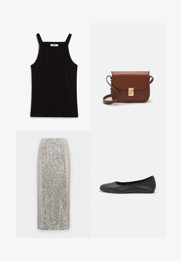 Top negru fără mâneci, cu bretele subțiri, fabricat dintr-un material ribat, având o tăietură dreaptă și o etichetă la gât cu textul "IVY OAK."; Fustă midi argintie din paiete, cu un elastic la talie. Materialul este embellisat cu paiete strălucitoare, creând un finisaj texturat.; Balerini din piele neagră, cu vârf rotund, textură netedă, detalii de cusătură minimale și un design al tălpii flexibil.; Geantă de piele maro cu închidere tip capac, accesorii de culoare aurie, curea de umăr și o textură netedă. Formă compactă și rectangulară.