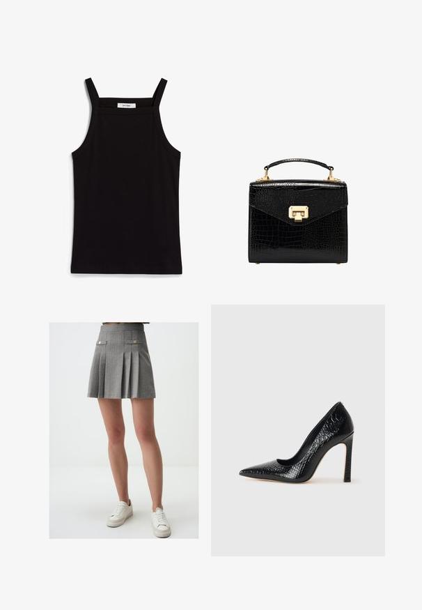 Canotta nera con spalline sottili, realizzata in un tessuto a coste, caratterizzata da un taglio dritto e un'etichetta sul collo che recita "IVY OAK."; Gonna mini plissettata grigia con strisce verticali, dotata di bottoni dorati e tasche laterali. Abbinata a sneaker bianche.; Scarpa nera con punta a punta alta in pelle di coccodrillo, caratterizzata da un design elegante, alto tacco a spillo e interno nero liscio.; Borsa nera in pelle faux-coccodrillo con design strutturato, hardware dorato, manico superiore e chiusura a patta magnetica.