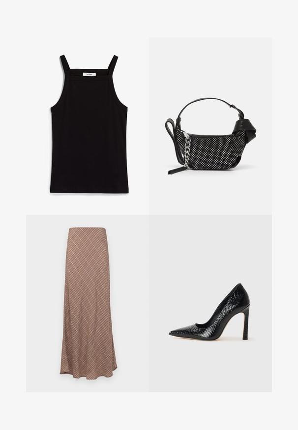 Débardeur noir à fines bretelles, en tissu côtelé, avec une coupe droite et une étiquette au niveau du col indiquant "IVY OAK."; Jupe longue évasée avec un motif géométrique marron, présentant une texture lisse et une taille élastique pour plus de confort.; Escarpin noir à bout pointu avec texture en cuir de crocodile, présentant un design élégant, un haut talon aiguille et un intérieur noir lisse.; Sac à main noir avec des embellissements cloutés, une bandoulière en chaîne et une poignée en cuir lisse, de forme arrondie et avec un compartiment zippé.