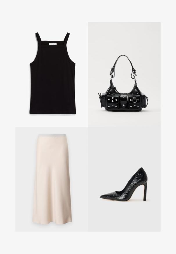 Zwarte tanktop met dunne spaghettibandjes, gemaakt van ribstof, met een rechte snit en een label op de hals dat "IVY OAK" zegt.; Helle beige midi-rok met een gladde, satijnachtige afwerking en een lichtgrijze elastische tailleband. Uitlopende uitstraling die taps toeloopt naar de zoom.; Zwarte puntige hoge hak schoen met een krokodillenleren textuur, met een slank ontwerp, hoge stiletto-hak, en een gladde zwarte binnenkant.; Zwarte lederen handtas met een gebogen ontwerp, voorzien van zilveren studs, een gesp en twee zijvakken. Verstelbare schouderband voor verschillende draagmogelijkheden.