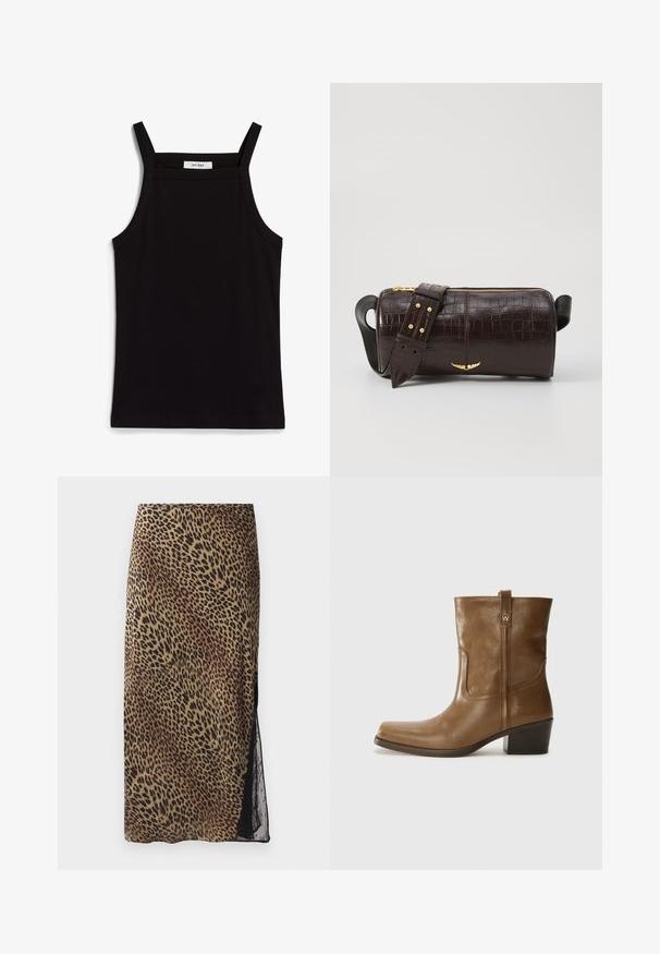 Must must vest, mille õhukeste spagettiratastega, ribakanga materjalist, sirge lõikega ja kaela piirkonnas sildi "IVY OAK".; Leopardi mustriga midi-seelik, millel on keha järgnev siluett, läbipaistev pitsist külgpaneel ja sile kuma ajal loomulikus värvipaleti.; Pruun nahkne ankle boot ruudukujulise varbaga, tekstuuriga viimistluse ja madala virnastatud kontsaga. Sisaldab taga tõmbeaasat ja peeneid õmbluse detaile.; Pruunist krokodillimustrist nahast kott, millel on silindri kuju, kuldse tooni metalldetailid ja eemaldatav rihm, kus on nupud.