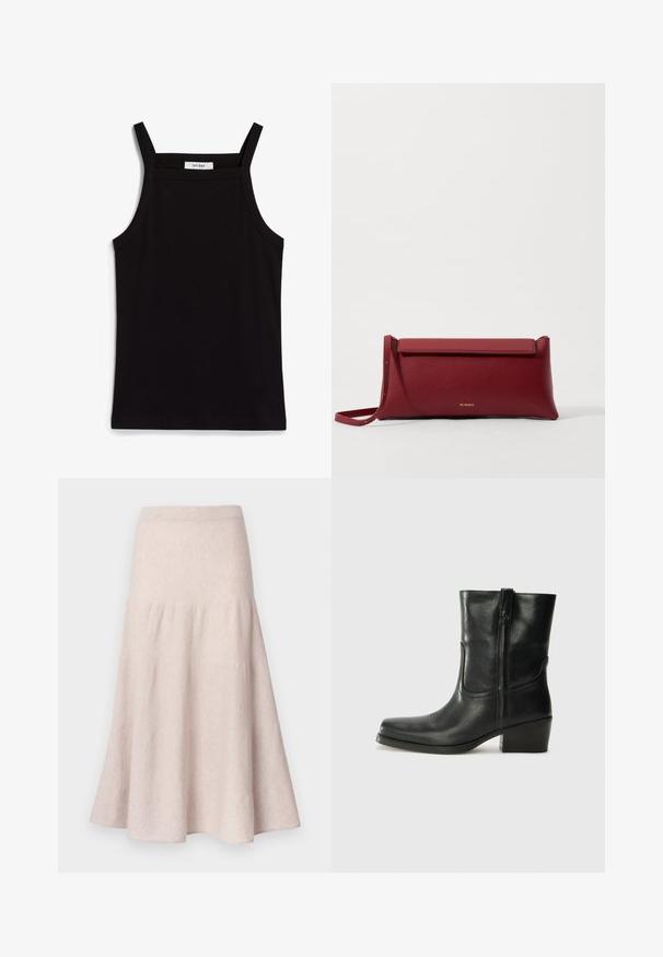 Top negru fără mâneci, cu bretele subțiri, fabricat dintr-un material ribat, având o tăietură dreaptă și o etichetă la gât cu textul "IVY OAK."; Fustă evazată bej deschis, confecționată dintr-un material moale, cu talie înaltă și design plisat, cu o siluetă fluidă.; Botine din piele neagră, cu vârf rotund, toc pătrat, fermoar pe lateral și accente de cusături pe partea superioară. Textură netedă, design clasic.; Geantă de mână roșie din piele cu o textură rafinată, având un capac plat pliat și o curea scurtă. Logo-ul subtil al mărcii pe față.