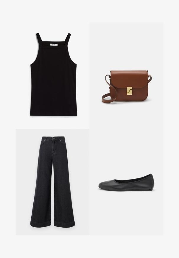 Melna tops ar plānām spaghetti siksniņām, izgatavots no ribota auduma, ar taisnu griezumu un uzrakstu uz kakla izgriezuma "IVY OAK."; Plati melni džinsi ar augstu jostasvietu, lielām kabatām un izteiktu apakšmalu, ar klasisku pogu un rāvējslēdzēja aizdari.; Melna ādas baleta kurpe ar noapaļotu purngalu, gludu tekstūru, minimālu šuvju detalizāciju un elastīgu zoles dizainu.; Bordo ādas rokas soma ar atloku, zeltītām detaļām, plecu siksnu un gludu virsmu. Kompakta, taisnstūrveida forma.