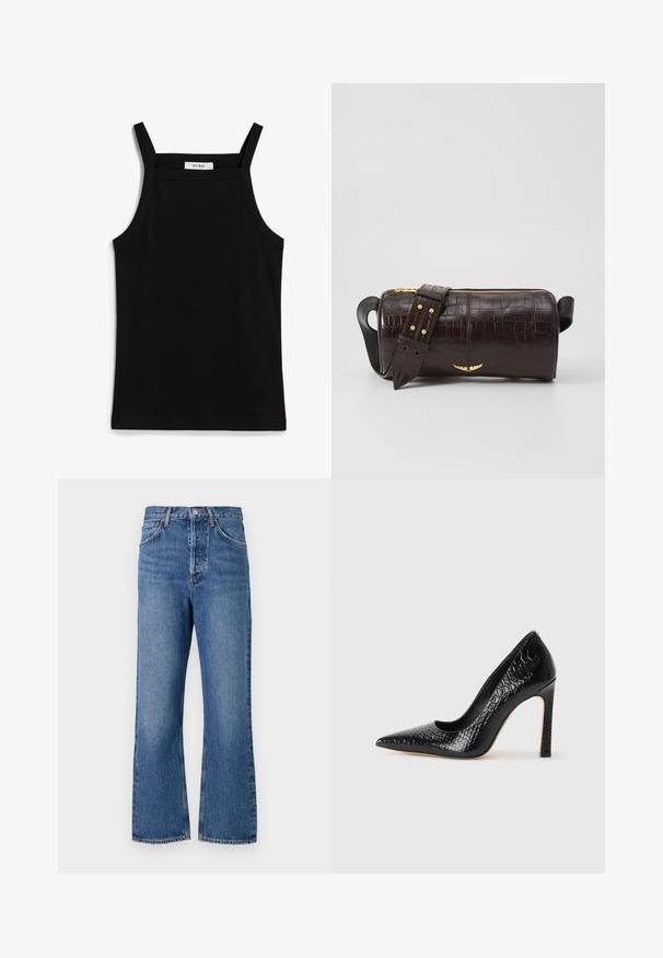 Juodas topas su plonais spaghetti petnešomis, pagamintas iš rausvos medžiagos, turintis tiesų kirpimą ir etiketę prie iškirpės, ant kurios parašyta "IVY OAK."; Aukštos juosmens mėlyni džinsai su tiesiomis kojomis, turintys penkias kišenes ir subtilų išblukimą. Klasikinis mygtuko užsegimas ir siuvinėjimo akcentai.; Juoda smailiakulnė aukšto kulno bateliai su krokodilo odos tekstūra, pasižymintys elegantišku dizainu, aukštu stiletu kulnu ir lygia juoda vidine dalimi.; Ruda krokodilo odspaudo odinė rankinė cilindro formos, su auksinėmis detalėmis ir nuimamu dirželiu, papuoštu studelėmis.