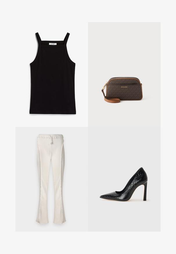 Canotta nera con spalline sottili, realizzata in un tessuto a coste, caratterizzata da un taglio dritto e un'etichetta sul collo che recita "IVY OAK."; Pantaloni flare beige chiaro con texture a righe, dotati di vita con cordoncino e bordi grezzi lungo le cuciture laterali e l'orlo.; Scarpa nera con punta a punta alta in pelle di coccodrillo, caratterizzata da un design elegante, alto tacco a spillo e interno nero liscio.; Borsa a tracolla marrone con motivo monogramma, dettagli in marrone chiaro, hardware dorato, chiusura zip e tracolla in pelle regolabile.