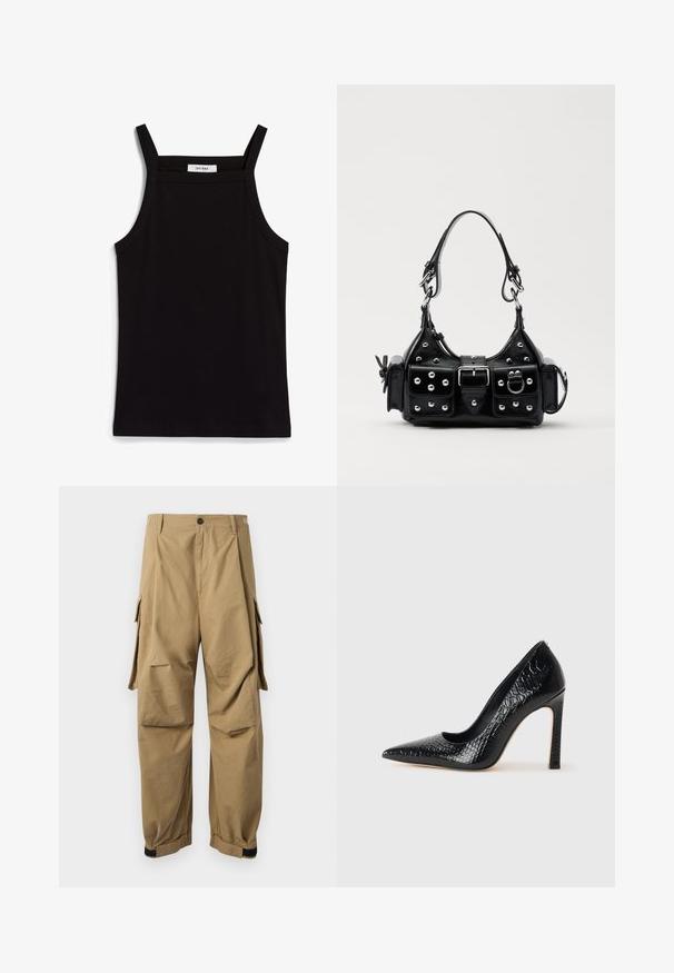 Black tank top with thin spaghetti straps, made of a ribbed fabric, featuring a straight cut and a label at the neckline reading "IVY OAK."; Khaki cargo pants made of lightweight fabric, featuring side cargo pockets, a button closure, and elastic cuffs at the ankles.; Black pointed-toe high heel shoe with a crocodile-skin texture, featuring a sleek design, high stiletto heel, and smooth black interior.; Black leather handbag with a curved design, featuring silver studs, a buckle, and two side pockets. Adjustable strap for carrying options.