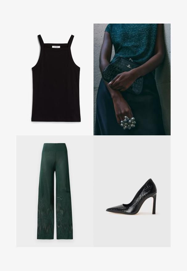 Sort tanktop med tynde spaghetti-stropper, lavet af et ribbet stof, med en lige skæring og et mærke ved halsudskæringen, der står "IVY OAK."; Grønne vide bukser i let mesh med et zigzag-mønster forneden. Har en glat linning for komfort.; Sorte spidse tå stiletto-sko i krokodilleskind med et strømlinet design, høj hæl og glat sort inderside.; Sorte clutchtaske med krokodillemønster og sølvhardware, holdt mod en tekstureret grå baggrund. Har en blank overflade.