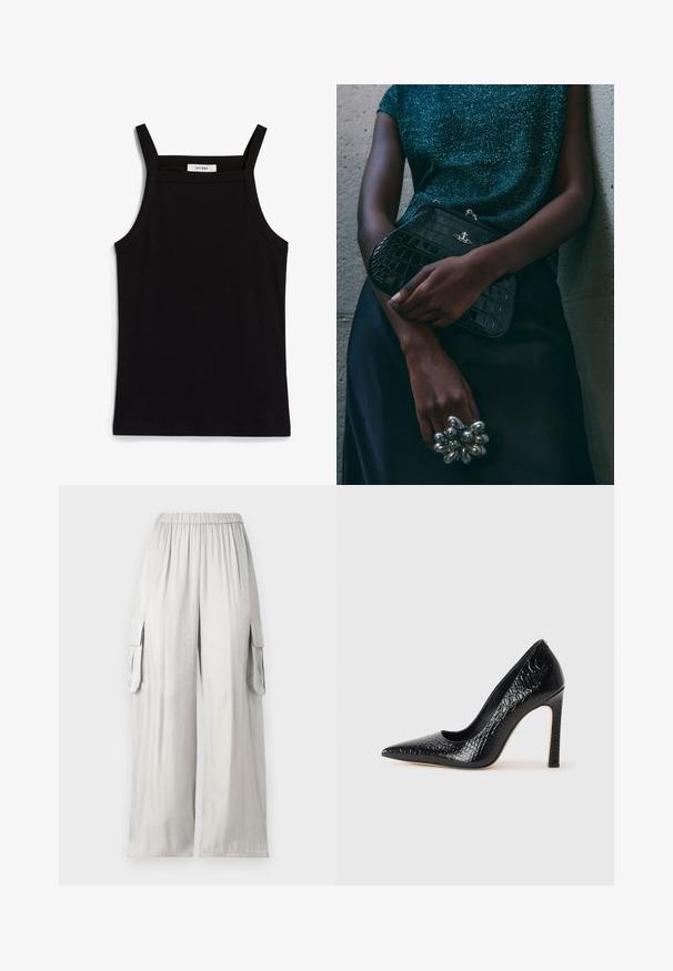 Sort tanktop med tynde spaghetti-stropper, lavet af et ribbet stof, med en lige skæring og et mærke ved halsudskæringen, der står "IVY OAK."; Lys grå vidde bukser lavet af glat stof, med elastisk talje og to sidelommer.; Sorte spidse tå stiletto-sko i krokodilleskind med et strømlinet design, høj hæl og glat sort inderside.; Sorte clutchtaske med krokodillemønster og sølvhardware, holdt mod en tekstureret grå baggrund. Har en blank overflade.