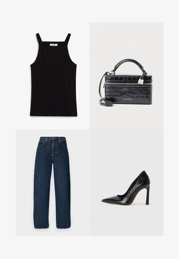 Must must vest, mille õhukeste spagettiratastega, ribakanga materjalist, sirge lõikega ja kaela piirkonnas sildi "IVY OAK".; Laiad sinised denim teksad kõrge vöökohaga, millel on klassikaline viie tasku stiil ja kontrastne õmblus õmbluste ääres.; Mustan teravaotsaga kõrge kontsaga king, millel on krokodillimustriga tekstuur, stiilne disain, kõrge stilettokonts ja sile must sisesisustus.; Must beebi kunstnahast käekott, millel on ülemine käepide, eemaldatav õlavöö, hõbedane lukk ja brändi logo esiküljel.
