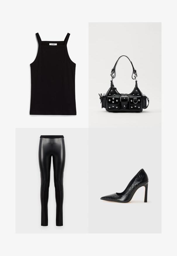 Black tank top with thin spaghetti straps, made of a ribbed fabric, featuring a straight cut and a label at the neckline reading "IVY OAK."; Black faux leather leggings with a smooth texture, fitted silhouette, and a wide waistband. No visible seams or patterns.; Black pointed-toe high heel shoe with a crocodile-skin texture, featuring a sleek design, high stiletto heel, and smooth black interior.; Black leather handbag with a curved design, featuring silver studs, a buckle, and two side pockets. Adjustable strap for carrying options.