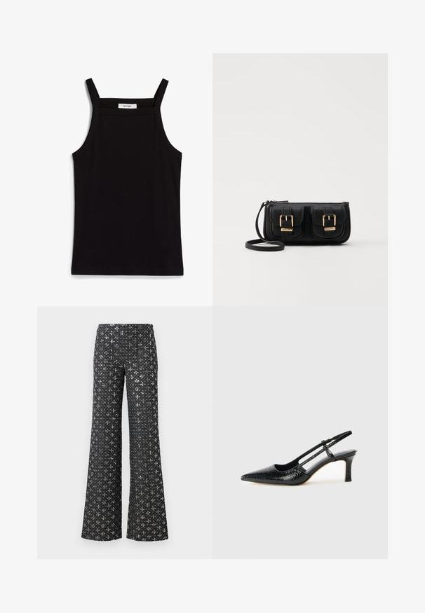 Črna majica brez rokavov z tankimi naramnicami, izdelana iz rebrastega materiala, z ravnim krojem in oznako na ovratniku z napisom "IVY OAK."; Črne široke hlače z bleščičastim teksturo, ki vključuje srebrne akcentne barve, kar ustvarja vzorčen videz po celotnem materialu.; Črne lakaste slingback pete s koničastim nosom, ki imajo teksturiran vzorec kačje kože, nastavljiv trak in kratek teksturiran blok peto.; Črna usnjena torbica čez ramo z dvema sprednjima žepoma, zlatimi zaponkami, zadrgo in ozkim pasom. Tekstura površine je strukturirana, obliko pa ima kompaktno pravokotno.