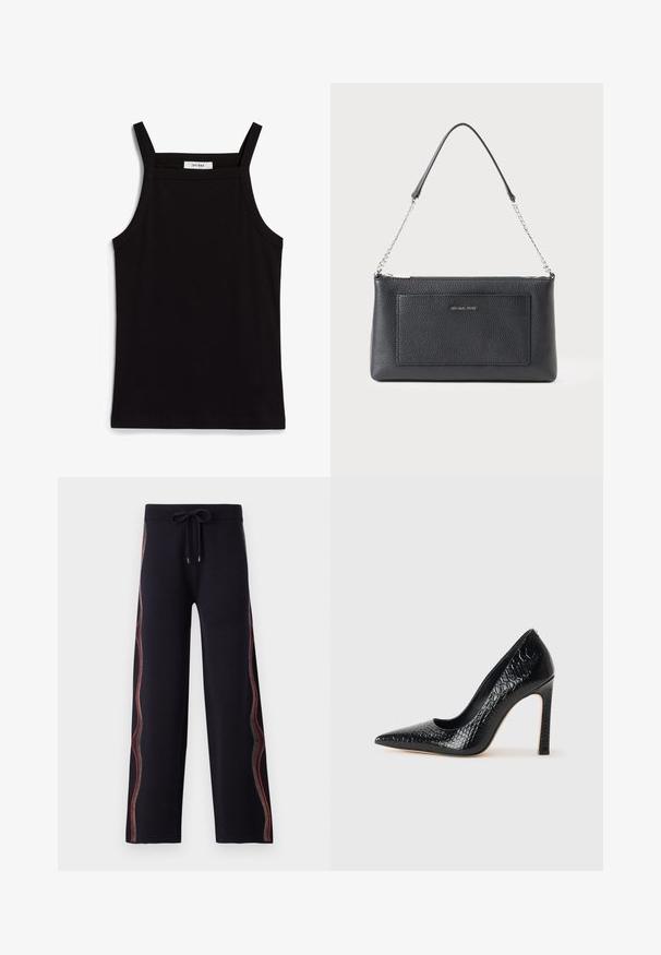 Débardeur noir à fines bretelles, en tissu côtelé, avec une coupe droite et une étiquette au niveau du col indiquant "IVY OAK."; Pantalon large noir en tissu doux, doté de coutures décoratives multicolores sur le côté et d'une taille à cordon de serrage réglable.; Escarpin noir à bout pointu avec texture en cuir de crocodile, présentant un design élégant, un haut talon aiguille et un intérieur noir lisse.; Porte-monnaie en cuir noir à textures en relief avec une bandoulière en chaîne argentée et une poche avant avec le logo "Michael Kors" en relief.