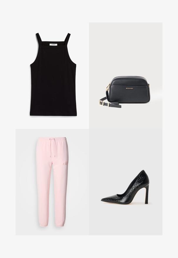 Mustat hihattomat paidat, joissa on ohut spagettiolkaimet, valmistettu ribbikankaasta. Paidassa on suora leikkaus ja kaula-aukon kohdalla on lappu, jossa lukee "IVY OAK."; Harmaat vaaleanpunaiset collegehousut pehmeästä kankaasta, joissa on joustava vyötärönyöri, kapenevat hihansuut ja hillitty brodeerattu logo.; Musta kapea nilkkakorkokenkä krokotiilin nahkakuviolla, joka on varustettu tyylikkäällä muotoilulla, korkealla stiletto-korkealla ja sileällä mustalla sisäosalla.; Musta teksturoitu nahkainen Michael Kors crossbody-laukku säädettävällä hihnalla ja kultasävyisillä yksityiskohdilla valkoisella taustalla.