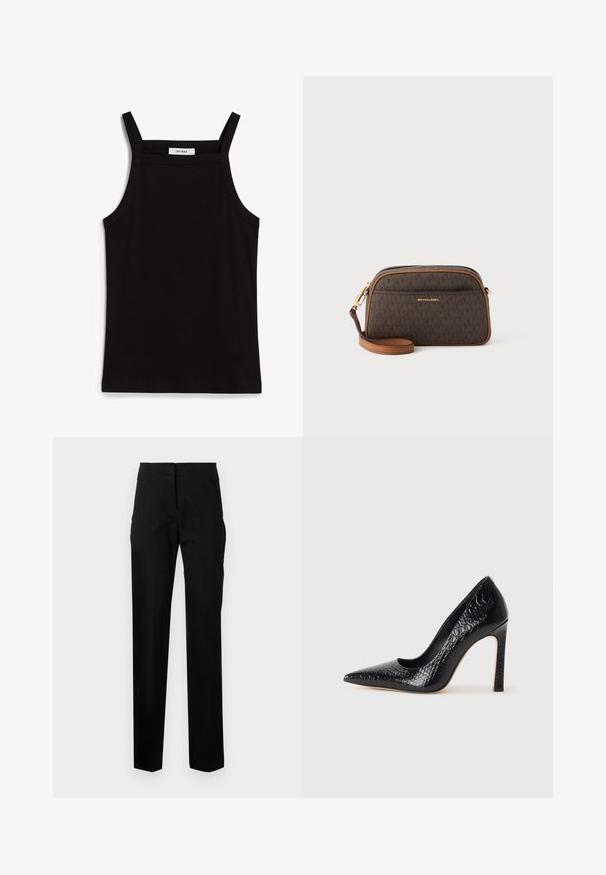 Black tank top with thin spaghetti straps, made of a ribbed fabric, featuring a straight cut and a label at the neckline reading "IVY OAK."; Black tailored pants with a straight leg design, featuring a flat front, belt loops, and side pockets. Smooth fabric with minimal stitching details.; Black pointed-toe high heel shoe with a crocodile-skin texture, featuring a sleek design, high stiletto heel, and smooth black interior.; Brown crossbody bag with a monogram pattern, tan accents, gold hardware, a zip closure, and an adjustable leather strap.