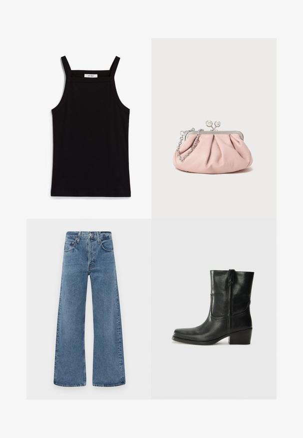 Schwarzes Tanktop mit dünnen Spaghetti-Trägern, aus geripptem Stoff, mit geradem Schnitt und einem Etikett am Hals, auf dem "IVY OAK" steht.; Weite Denim-Jeans in Blau mit einem klassischen Fünf-Taschen-Design, Knopfverschluss und verblaßter Textur, mit rohen Saumkanten.; Schwarze Leder-Ankle Boots mit runder Zehenform, Blockabsatz, seitlichem Reißverschluss und gestickten Akzenten auf dem Blatt. Glatte Textur, klassisches Design.; Rosa Leder-Clutch mit einem gerafften Design, Metallrahmen, zwei runden Verschlüssen und einem silbernen Kettenriemen. Glatte Textur, kompakte Form.