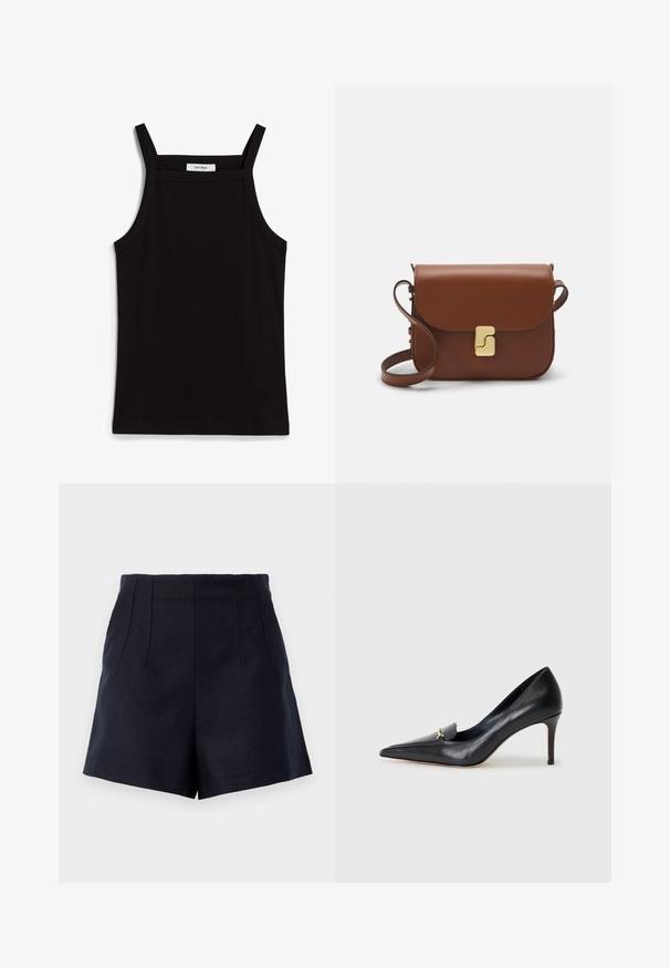 Czarny top na ramiączkach z cienkimi spaghetti, wykonany z żebrowanej tkaniny, z prostym krojem i metką przy wycięciu na szyję z napisem "IVY OAK."; Granatowe szorty o fasonie dopasowanym, z dwoma fałdami z przodu, gładką teksturą oraz prostym krojem do długości uda.; Czarny skórzany czórek na wysokim obcasie z ostrym noskiem, niskim przodem i dekoracyjnym złotym akcentem. Posiada szpilkowy obcas oraz gładką fakturę.; Brązowa skórzana torebka na ramię z klapką, złotymi detalami, paskiem na ramię i gładką teksturą. Kompaktowy prostokątny kształt.