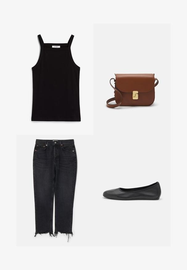 Juodas topas su plonais spaghetti petnešomis, pagamintas iš rausvos medžiagos, turintis tiesų kirpimą ir etiketę prie iškirpės, ant kurios parašyta "IVY OAK."; Agolde RILEY CROP - Prigludę džinsai - hitch; Juodai odiniai baletai su apvaliu pirštu, lygi texture, minimalus siuvimo detales ir lanksčiu padų dizainu.; Ruda odinė rankinė su uždaromu dangteliu, aukso spalvos detalėmis, petneša ir lygiu paviršiumi. Kompaktiška stačiakampio formos.