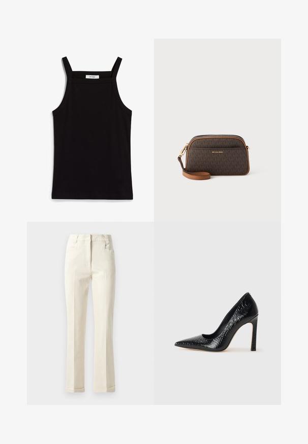 Débardeur noir à fines bretelles, en tissu côtelé, avec une coupe droite et une étiquette au niveau du col indiquant "IVY OAK."; Pantalons beiges à jambe droite en tissu mélangé coton, avec une taille mi-haute, des poches avant et une texture subtile à la surface.; Escarpin noir à bout pointu avec texture en cuir de crocodile, présentant un design élégant, un haut talon aiguille et un intérieur noir lisse.; Sac bandoulière marron avec un motif monogramme, des accents beige, quincaillerie dorée, une fermeture zippée et une sangle en cuir ajustable.