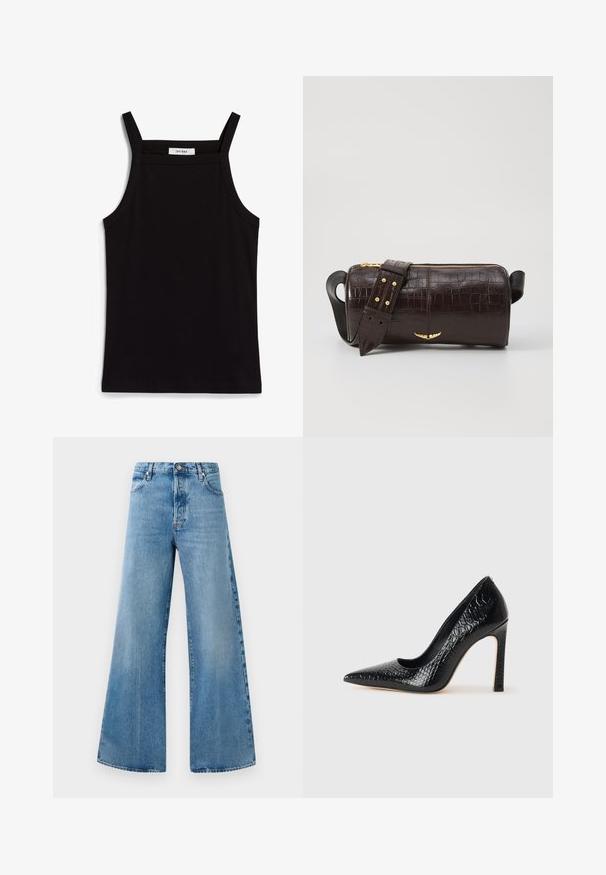 Črna majica brez rokavov z tankimi naramnicami, izdelana iz rebrastega materiala, z ravnim krojem in oznako na ovratniku z napisom "IVY OAK."; Široke svetlo modre jeans hlače z visokim pasom, ki imajo sprednje žepke, zapiranje na gumb in subtilne podrobnosti bledenja.; Črne čevlje z visoko peto in konico v obliki puščice, z teksturo krokodilje kože, ki se ponašajo s sleek oblikovanjem, visokim stiletto peto in gladkim črnim notranjostjo.; Brah blaženka iz rjavega usnja z embosiranim krokodilom, cilindrične oblike, zlatih kovinskih elementov in odstranljivim pasom, ki vsebuje žebljičke.