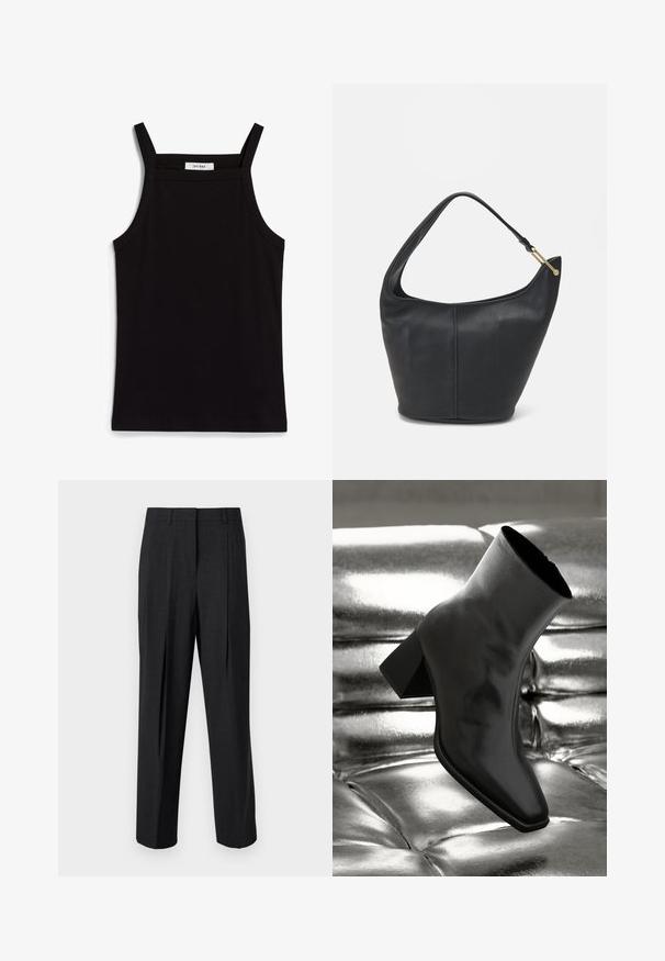 Sort tanktop med tynde spaghetti-stropper, lavet af et ribbet stof, med en lige skæring og et mærke ved halsudskæringen, der står "IVY OAK."; Mørkegrå skræddersyede bukser med lige ben, udstyret med to forpliser, bæltestropper og en glat stofoverflade.; Sorte ankelstøvler lavet af glossy materiale med firkantet tå og spidse hæle, sat mod en skinnende sølv tuftet baggrund.; Sort læderhandtaske med en rund form, bred rem og textured finish. Har en subtil sømdetalje og en hardware i gyldent tone.