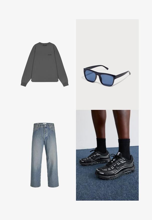 Felpa grigia a maniche lunghe realizzata in morbido cotone, con collo rotondo, vestibilità comoda e un piccolo logo sul lato sinistro anteriore.; Jeans in denim azzurro chiaro con vestibilità ampia, vita alta e gambe dritte. Presentano tasche anteriori e chiusura con bottone in metallo.; Le scarpe Nike nere presentano una tomaia in mesh con strisce a contrasto, lacci testurizzati e una suola in gomma nera. Indossate con calze nere a costine.; Occhiali da sole in plastica nera con montatura rettangolare, lenti bluastre e aste sottili, con una finitura lucida.