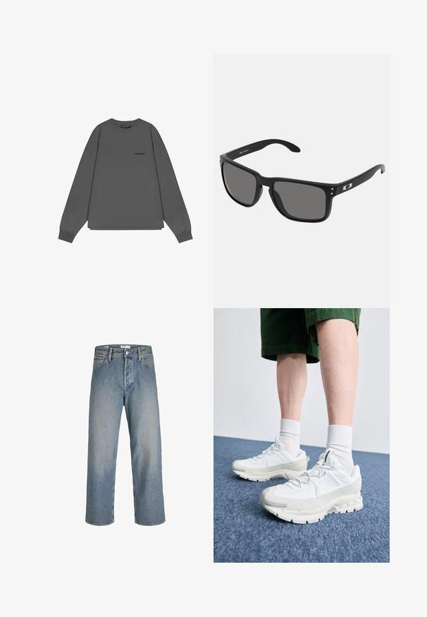 Grauer Langarm-Pullover aus weicher Baumwolle, mit Rundhalsausschnitt, lässiger Passform und einem kleinen Logo auf der linken Vorderseite.; Hellblaue Denim-Jeans mit lockerer Passform, hoher Taille und geraden Beinen. Mit Fronttaschen und einem Metallknopfverschluss.; Weiße Sportschuhe mit strukturierten Überzügen, einer dicken Sohle und grauen Akzenten. Tragen mit weißen Crew-Socken und grünen Shorts auf einer blauen Oberfläche.; Schwarze Sonnenbrille mit einem dicken Kunststoffrahmen, dunkelgrauen Gläsern und dezenten metallischen Akzenten an den Bügeln. Quadratische Form mit glatter Textur.