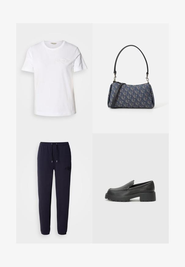 Weißes Baumwoll-T-Shirt mit kurzen Ärmeln, Rundhalsausschnitt und einem dezenten gestickten Logo auf der linken Brustseite. Glatte Textur, klassischer Schnitt.; Dunkelblaue Sweatpants aus weichem Stoff, ausgestattet mit einem elastischen Bund und einem Kordelzug, sowie einem gestickten Logo an einem Bein.; Schwarze Lederloafer mit einer abgerundeten Spitze, dicker strukturierten Laufsohle und minimalen Nähten. Schlankes Design ohne sichtbare Schnürsenkel oder Beschläge.; Blau gemusterte Handtasche aus Stoff, mit geschwungener Form, schwarzem Ledergriff und Logo-Design in einem helleren Farbton.