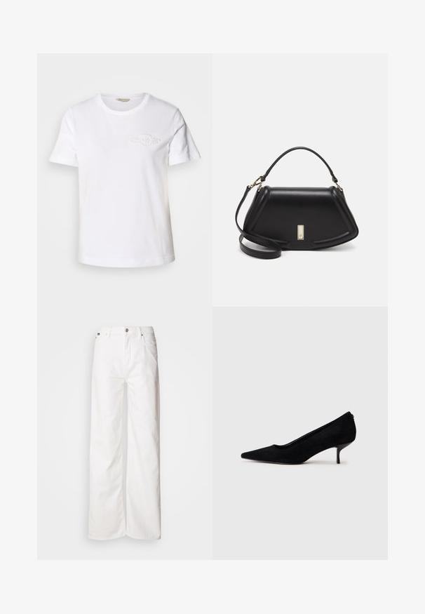 Valkoinen puuvillapaita lyhyillä hihoilla, pyöreä kaula-aukko ja hienovarainen brodeerattu logo vasemmassa rinta-alueessa. Sujuva tekstuuri, klassinen istuvuus.; Valkoiset leveälahkeiset farkut, jotka on valmistettu denimi-kankaasta. Ne ovat korkeavyötäröiset ja niissä on etupuolen napillinen kiinnitys sekä klassinen taskumuotoilu. Pintamateriaali on sileä.; Musta mokkanahkainen korkokenkä, jossa on teräväkärkinen muotoilu ja ohut, matala korko. Pintakuvio on sileä ja yksinkertainen, eikä siinä ole näkyvää metalliosaa.; Mustalla nahkalaukulla, jossa on jämäkkä muotoilu, lyhyt malli, yläkahva ja kultaiset yksityiskohdat. Säädettävä olkahihna sisältyy.