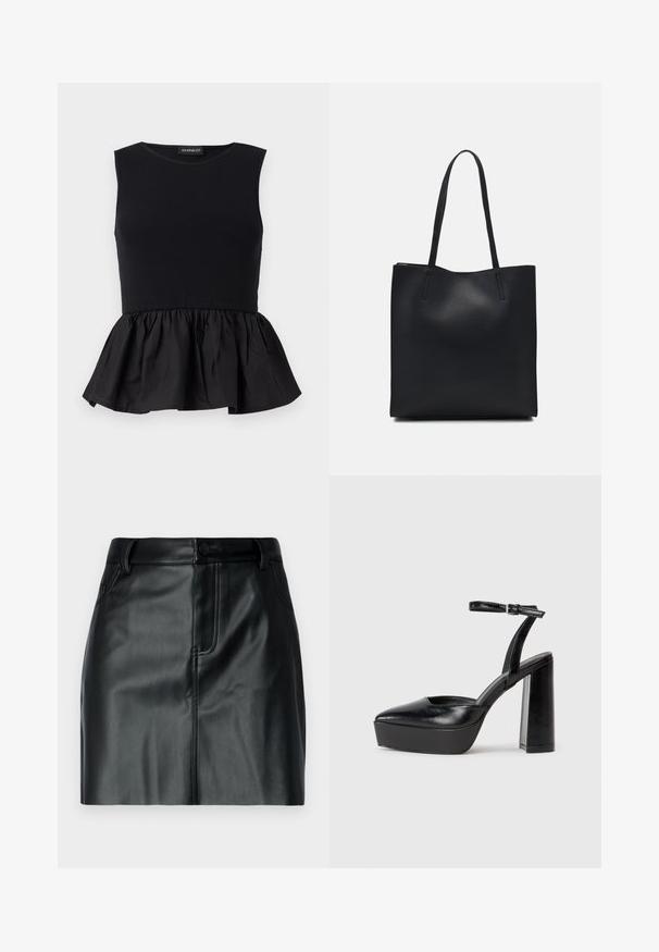 Svart ermeløs topp med ribbet øverste del og en utsvingt, samlet peplum-bunn. Jevn tekstur med en ensfarget overflate.; Svart lærminiskjørt med en jevn tekstur, midjebånd med knappeåpning, og frontlommer med sømdetaljer.; Sorte plattformhelter med spiss tå og justerbar ankelrem. Laget av glatt lær, med en robust blokkhel.; Svart lær tote bag med glatt tekstur, rektangulær form og to lange håndtak. Ingen synlige deler eller dekorasjoner.