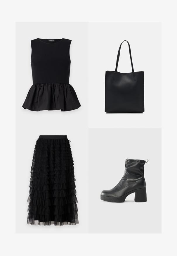 Svart ärmlös topp med ribbad övre sektion och en utsvängd, samlad peplum-nedre del. Slät textur med en enhetlig färg genom hela plagget.; Vero Moda VMNAJA RUFFLE SKIRT - Maxikjol - black; Svarta ankelstövlar i slitstark läder, med sidodragkedja, kraftig strukturerad klack och rundad tådesign.; Svart lädertoffelväska med slät textur, rektangulär form och två långa handtag. Ingen synlig hårdvara eller dekorationer.