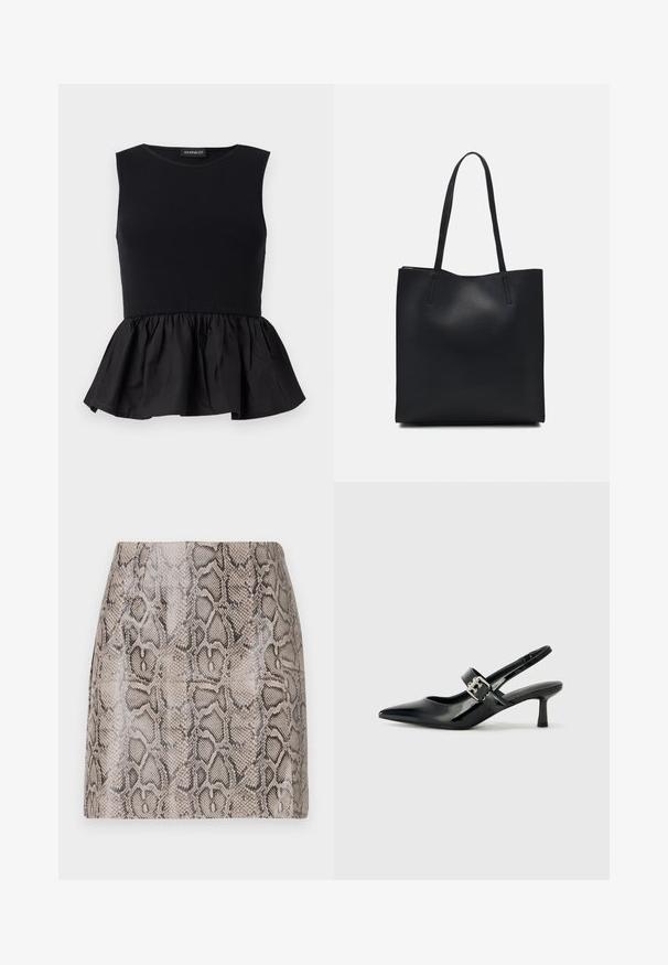 Melnā bez piedurknēm augšdaļa ar ribotu augšējo daļu un izplestu, savāktā pepluma apakšdaļu. Gluda tekstūra ar vienkrāsainu virsmu.; Pieguļošs miniskrēklis ar spīdīgu, teksturētu mākslīgo čūsku rakstu beigi un melnā krāsā, ar gludu apdari un bez redzamiem aizdariem.; Melnas lakotas ādas sūkņa kurpes ar norādītu purngali un mazu bloku papēdi, ar sudraba sprādzi akcentā uz jostas.; Melnas ādas somiņa ar gludu tekstūru, taisnstūra formu un divām garām rokturiem. Nav redzamu aparatūras vai rotājumu.