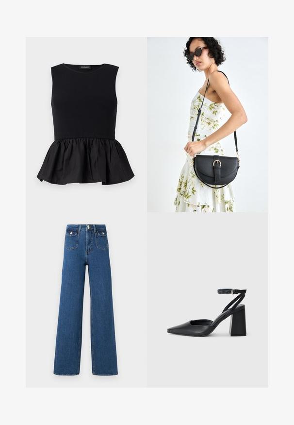 Fekete ujjatlan felső, bordás felső résszel és bővülő, gyűjtött peplum aljjal. Simább textúrájú, egyszínű egészében.; Széles szárú farmernadrág, sötét farmerből készült. Két elülső zseb és gombos záródás jellemzi. Simább textúra, jól látható varrásokkal és strukturált formával.; Fekete bőr, hegyes orrú magassarkú cipő boka pánttal és vastag sarokkal. Sima textúra, elegáns dizájn és minimális esztétika.; Fekete bőrtáska ívelt formával, levehető pánttal és arany színű fémrészekkel. A táskán egy csattal díszített fedél található.