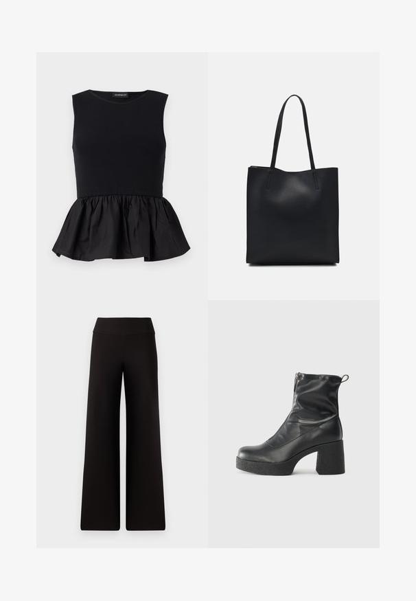 Musthave varrukatemp, mille ülemine osa on soonik ja allosas on siledalt vooderdatud, laienev ja kokku kogutud peplum. Ühtlane värv ja sile tekstuur.; Mustad lai jalad püksid sujuva paelaga, valmistatud pehmest materjalist. Omavad lõdvemat istuvust ja minimaalset õmblustehnikat.; Mustad mustad ansapüksid, mis on valmistatud siledast nahast, külje zipperiga, paksu tekstuuriga kontsaga ja ümmarguse nina disainiga.; Mustast nahast kott sujuva tekstuuriga, ristkülikukujuline ja kahe pika sangaga. Pole nähtavat riistvara ega kaunistusi.