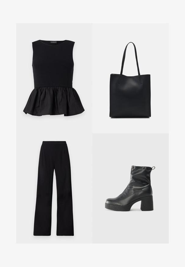 Top preto sem mangas com parte superior canelada e parte inferior peplum rodada e franzida. Textura suave com cor sólida por toda a peça.; Calças largas pretas feitas de um tecido liso e leve. Apresentam uma cintura alta e detalhes de pregas na frente para maior estrutura.; Botas de tornozelo pretas feitas de couro liso, com fecho lateral, salto grosso texturizado e design de bico arredondado.; Bolsa tote preta em couro com textura lisa, forma retangular e duas alças longas. Sem hardware ou enfeites visíveis.