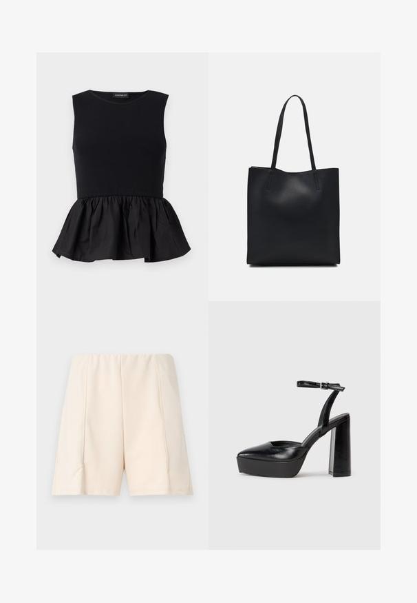 Top nero senza maniche con parte superiore a coste e fondo peplum ampio e arricciato. Texture liscia con un colore uniforme.; Shorts beige chiaro con una texture liscia, vita elastica e cuciture laterali. Design semplice senza motivi o accenti visibili.; Tacchi a piattaforma neri con punta appuntita e cinturino regolabile alla caviglia. Realizzati in pelle liscia, presentano un tacco a blocco spesso.; Borsa tote in pelle nera con texture liscia, forma rettangolare e due manici lunghi. Nessun hardware o decorazione visibile.