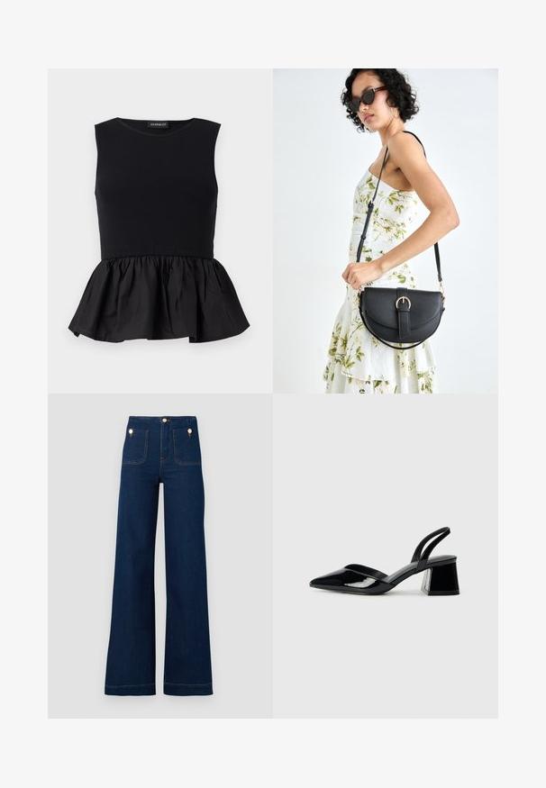 Top preto sem mangas com parte superior canelada e parte inferior peplum rodada e franzida. Textura suave com cor sólida por toda a peça.; Jeans de corte amplo em azul escuro com cintura alta, com detalhes em botões dourados, dois bolsos frontais e traseiros, e costuras em contraste. Tecido de denim texturizado.; Sandy em verniz preto com salto slingback, ponta afilada e salto geométrico. Apresenta um design elegante e minimalista com textura suave.; Bolsa de couro preta com forma curva, alça destacável e detalhes em dourado. A bolsa possui uma aba com detalhe de fivela.