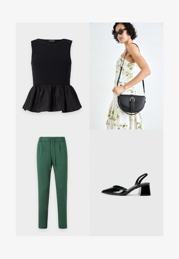 Černý bezrukávový top s žebrovanou horní částí a rozšířeným, nabíraným peplum spodním dílem. Hladká textura s jednobarevným provedením.; Zelené tepláky vyrobené z měkké látky, vybavené elastickým pasem se šňůrkou, zúženými nohavicemi a bočními záhyby.; Černé lakované kožené lodičky na pásku s špičatou špičkou a geometrickým blokovým podpatkem. Vyznačují se elegantním, minimalistickým designem a hladkým povrchem.; Černá kožená kabelka s křivkovým tvarem, odnímatelným popruhem a zlatými detaily. Kabelka má klopu s přezkou.