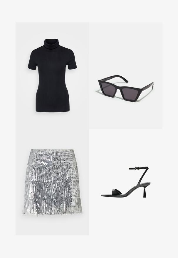 Čierny rebrovaný rolák, krátke rukávy, priliehavý strih, jemná textura, minimálne švy a vysoký golier.; Strieborná mini sukňa so flitrami a strapcami. Vyrobená z lesklého materiálu, so priliehavým pásom a vrstvenými horizontálnymi vzormi.; Bershka Sandále na vysokom opätku - black; Čierne, ostré slnečné okuliare so sivými sklami; vyrobené z plastu, majú hrubé ramená s hladkým povrchom a bez viditeľnej mechaniky.