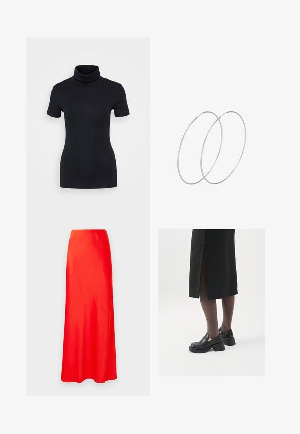 Juodas raštuotas turtlenekas, trumpomis rankovėmis, prigludusi konstrukcija, minkšta tekstūra, minimalus siūlių skaičius ir aukšta apykaklė.; Raudona satino maksi sijonas su lygiu paviršiumi, aukštu liemeniu ir A formos siluetu, pasižymintis grindimis siekiančiu dizainu ir nematomais užtrauktukais.; Juodos odinės bateliai su apvaliu nosiu, stora blokine pakulne ir elastingais šonais, derinami su tamsiomis pėdkelnėmis ir juoda sijonu su plyšiu.; Sidabrinės pusmėnulio auskarai minimalistiniu dizainu. Apskritimo forma, lygus paviršius ir plonas profilis. Lengvi su poliruotu apdailu.