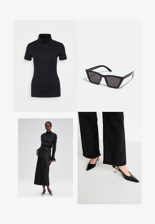 Top negru din tricot cu guler înalt, mâneci scurte, design mulat, textură moale, cusături minime.; Bluză neagră cu guler căptușit și mâneci transparente, asociată cu o fustă midi neagră cu mândrițe, și pantofi cu toc înalt argintii. Design elegant și texturat.; Simmi London JUNE - Pantofi clasici cu toc - black; Ochelari de soare negri, unghiulari, cu lentile gri; fabricați din plastic, având brațe groase cu o suprafață netedă și fără hardware vizibil.