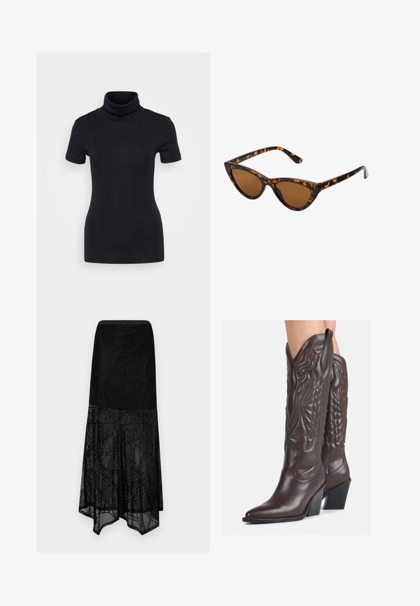 Maglione a collo alto nero a coste, maniche corte, design aderente, texture morbida, cuciture minime e colletto alto.; Aware VMLOLLIE SKIRT - Gonna lunga - black; Stivali da cowboy in pelle marrone con punta affusolata e tacco a blocco, caratterizzati da dettagliati ricami e accenti rialzati sul gambale.; Occhiali da sole cat-eye con una montatura tartarugata nera e arancione, lenti marroni e punte affusolate e eleganti. Presentano un logo minimale sulla asta.