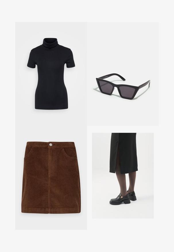 Melnas ribotas turtleneck blūze, īsām piedurknēm, pieguļošs dizains, maiga tekstūra, minimāls šuvju skaits un augsts kakls.; Pieces PCRILLO SKIRT - Minisvārki - fondue fudge; Melni ādas apavi ar noapaļotu purngalu, biezām bloku papēžiem un elastīgiem sānu akcentiem, apvienoti ar tumšām zeķubiksēm un melnu svārku ar šķirbu.; Melni, stūrveida saulesbrilles ar pelēkiem objektīviem; izgatavotas no plastmasas, ar biezām kājām, kam ir gluda virsma un nav redzamu stiprinājumu.; Sudraba gredzenveida auskari ar savītu dizainu, kas ir ar pulētu apdari un ar aizmugurēju fiksāciju. Izmērs ir aptuveni 3 cm diametrā.