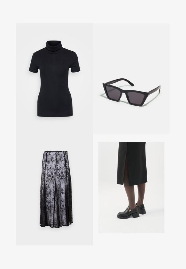 Mustmustriibuline kõrge kaelusega t-särk, lühikesed varrukad, keha ümber vormitud disain, pehme tekstuur, vähe õmblusi.; Mustruudega must pitsseelik, voolava silueti ja lainelise äärisega, mis toob esile õrna ja läbipaistva tekstuuri.; Mustad mustad jalatsid ümmarguse varbaga, paksu plokkniidi ja elastsete külgdetailidega, kombineeritud tumedate sukkade ja musta lõhikuga seelikuga.; Mustad mustrakellad, millel on hallid šabloonid; valmistatud plastist, paksude ja siledate kätega, ilma nähtava riistvarata.